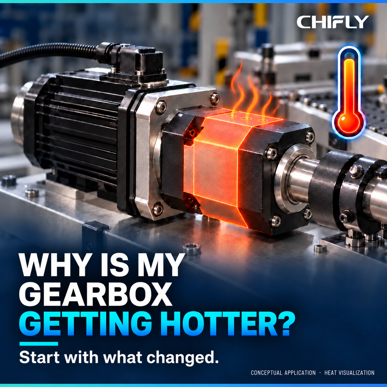 Conceptual industrial gearbox installation with a heat visualization and thermometer graphic